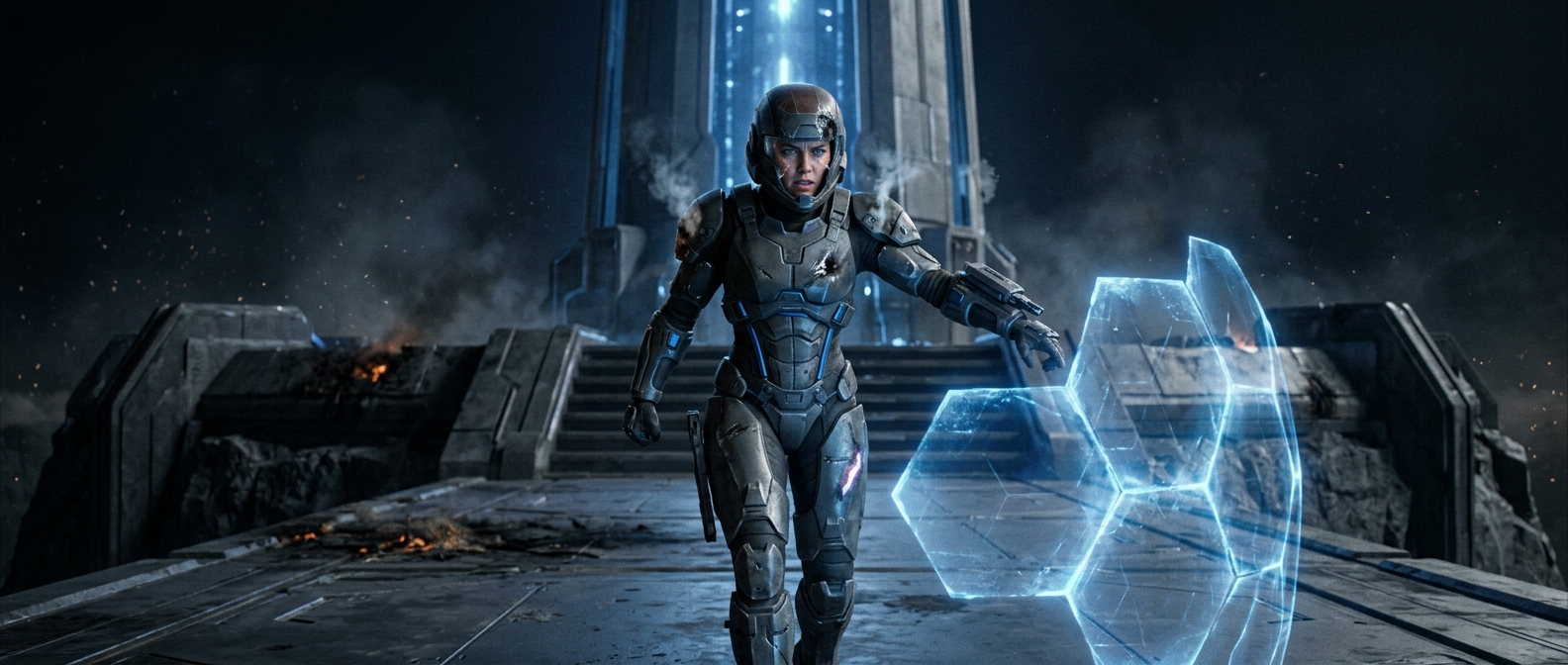 Wide action frame of Ava deploying an energy barrier around the beacon