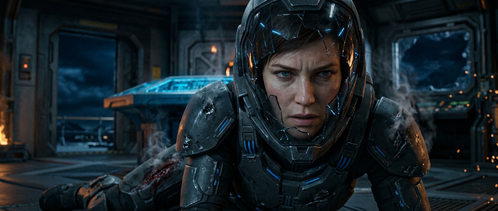 Close cinematic frame of Ava reaching the console in her damaged armour