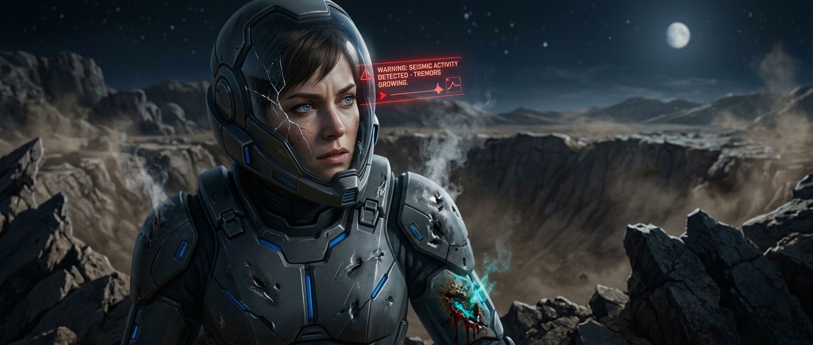Medium cinematic frame of Ava detecting seismic movement on the alien surface