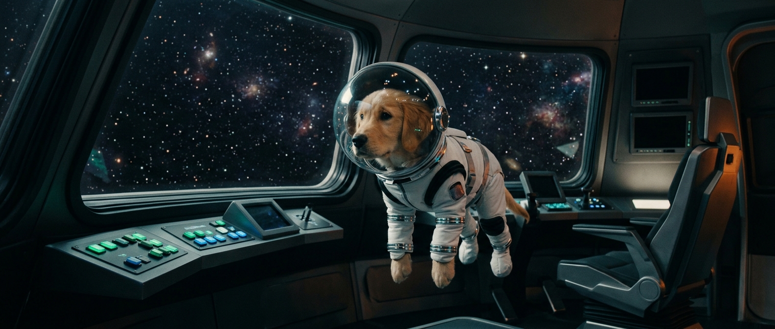 Barnaby the golden retriever astronaut in a fully generative space-film shot