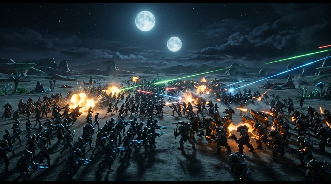 A massive battle across an alien plain, generated in Maniac