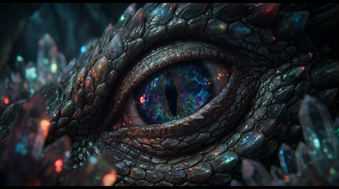 Extreme close-up of a dragon's iridescent scales, generated in Maniac