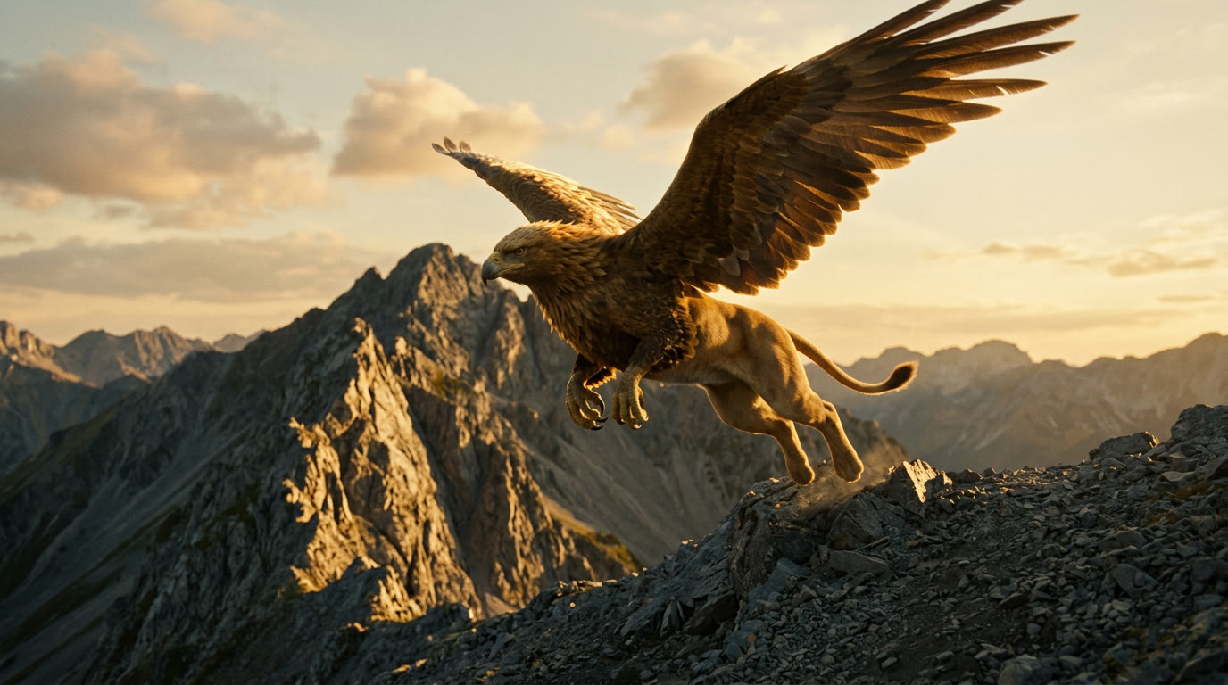 A majestic griffin launching into flight, generated in Maniac