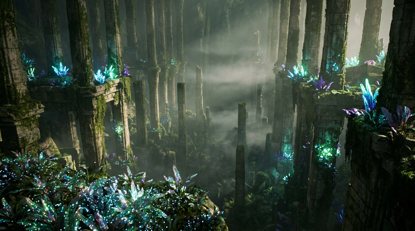 An ancient glowing ruin shrouded in mist, generated in Maniac