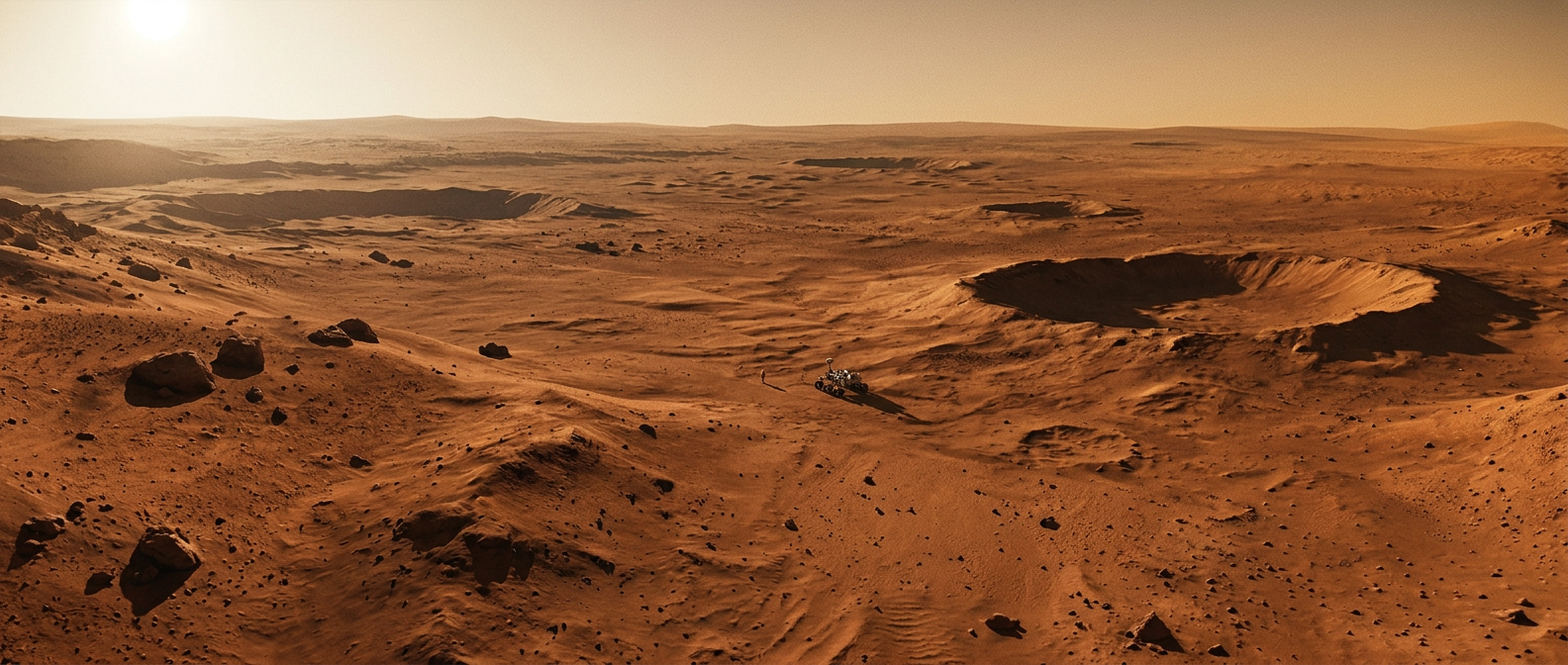 Keyframe 01 from the Maniac Mars short, showing the same astronaut and world
