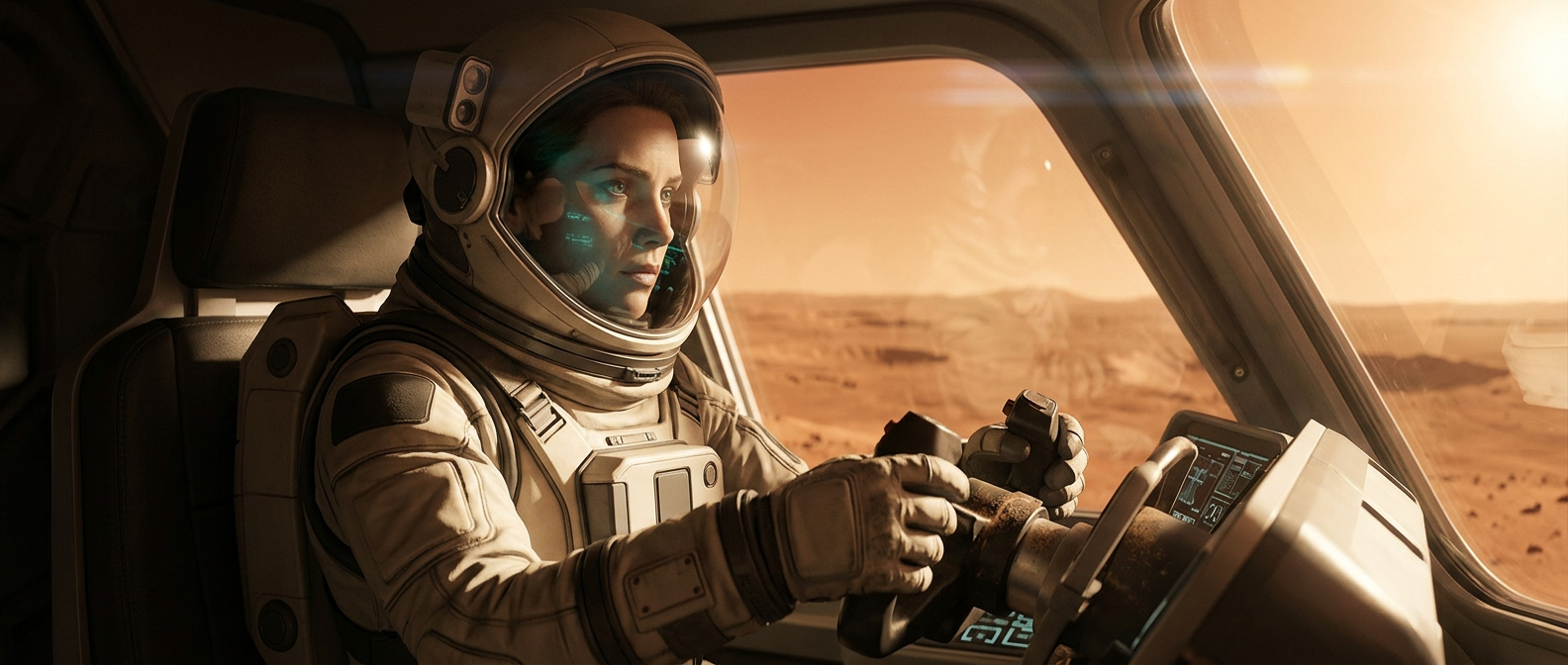Keyframe 02 from the Maniac Mars short, showing the same astronaut and world