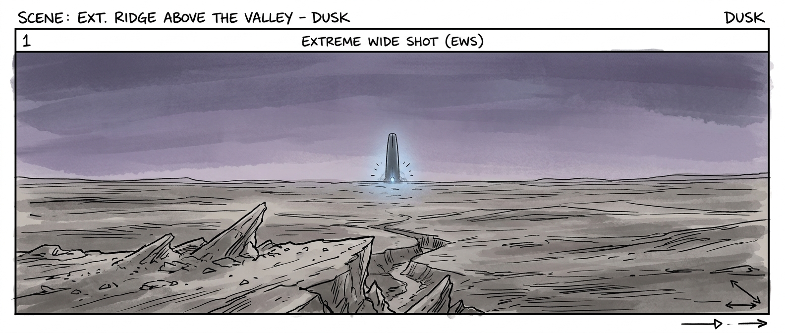 A genuine Maniac storyboard panel establishing Ava's alien battlefield