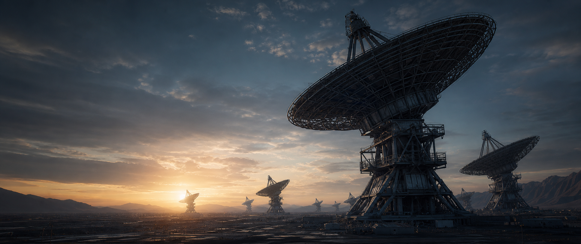 A cinematic radio telescope transmitter array at dawn